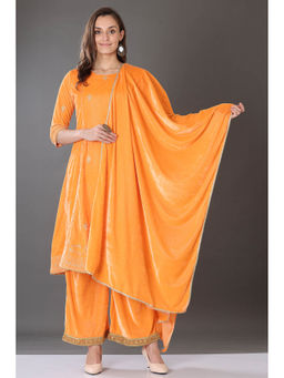 Kaanchie Nanggia - Orange Velvet Embroidered Kurta Palazzo and Dupatta (Set of 3)
