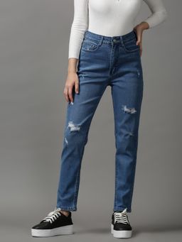 SHOWOFFFF - Women's Mildly Distressed Slim Fit Blue Denim Jeans