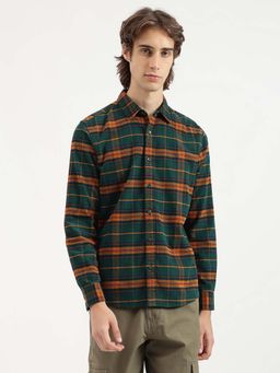 United Colors of Benetton - Regular Fit Spread Collar Cord Plaid Checks Dobby Green Casual Shirt