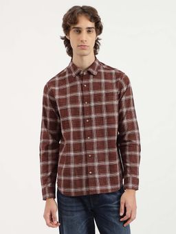 United Colors of Benetton - Regular Fit Collar Windowpane Check Linen Brown Casual Shirt