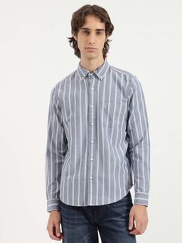 United Colors of Benetton - Regular Fit Button Down Collar Striped Oxford Grey Casual Shirt