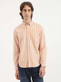 United Colors of Benetton - Regular Fit Button Down Collar Striped Oxford Peach Casual Shirt
