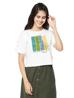 CRIMSOUNE CLUB - Women White Printed Round Neck T-Shirt
