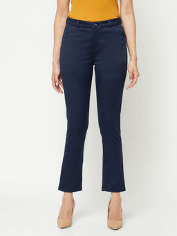 CRIMSOUNE CLUB - Women Navy Blue Slim Cotton Straight Trousers