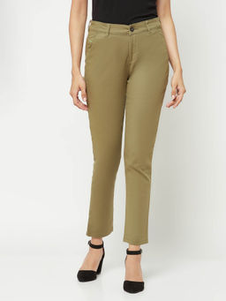 CRIMSOUNE CLUB - Women Olive Slim Cotton Straight Trousers