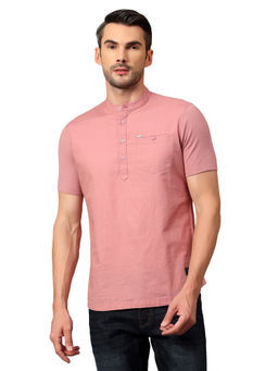 Cantabil - Men Pink Solid Mandarin Collar Half Sleeves Kurta