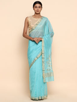 CHOWDHRAIN - Aasman Handwoven Chanderi Saree with Unstitched Blouse Piece