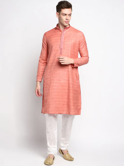 Devoiler - Men Self Design Pink Fine Cotton Kurta