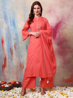 Gahan - Women Cotton Slub Rust Color Zari Work Kurta Palazzo with Dupatta