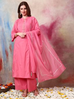 Gahan - Women Cotton Slub Lace Work Pink Kurta & Palazzo with Dupatta
