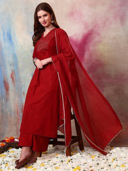 Gahan - Women Cotton Slub Zari Work Kurta & Pant with Dupatta