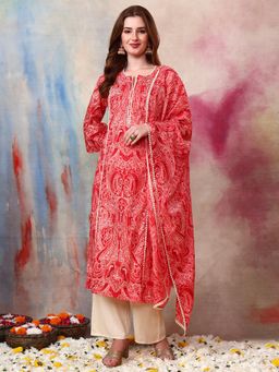 Gahan - Women Cotton Slub Red Printed Kurta & Pant with Dupatta