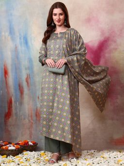 Gahan - Women Cotton Satin Green Printed Zari Work Kurta & Pant with Dupatta