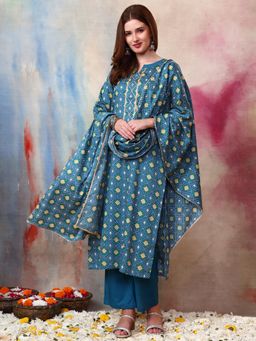 Gahan - Women Cotton Satin Blue Printed Sequinned Work Kurta & Pant with Dupatta