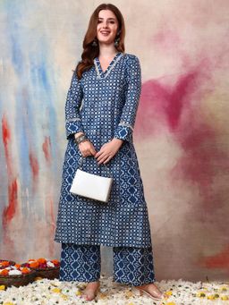 Gahan - Women Pure Cotton Navy Blue Printed Kurta with Palazzo