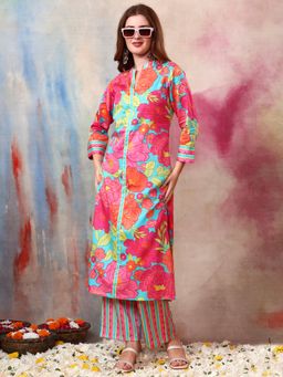 Gahan - Women Cotton Slub Floral Printed Kurta with Striped Pant