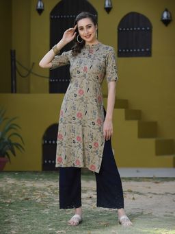 Stylum - Womens Floral Printed Rayon A-Line Kurta Beige