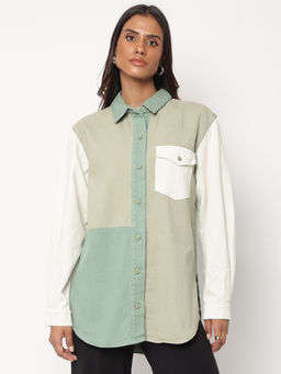 Missguided - Colourblock Oversized Denim Shirt Green