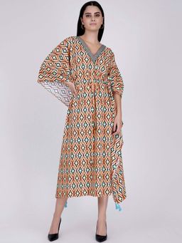 First Resort by Ramola Bachchan - Melon Orange Moroccan Print Mid Length Kaftan