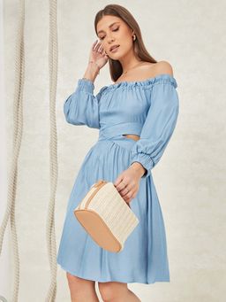 Styli - Blue Off Shoulder Cut-out Waist Knee Length Dress