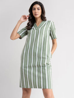 FableStreet - Linen Striped Shift Dress - Olive