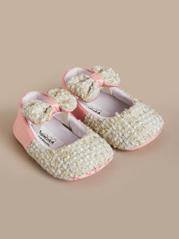 Hopscotch - Glitter Bow Applique Booties Beige