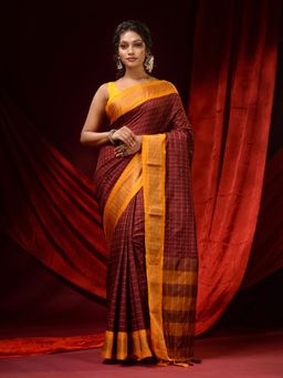 CHARUKRITI - Cinnamon Brown Cotton Silk Check Zari Border & Stripe Pallu Saree with Unstitched Blouse