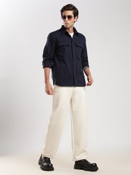 MR BUTTON - Navy Blue Solid Regular Fit Shacket