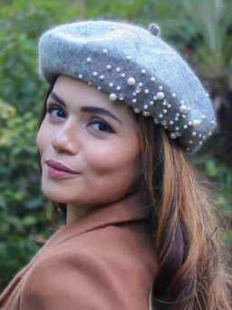 Hair Drama Co. - Women Pearls & Crystals Beret - Grey