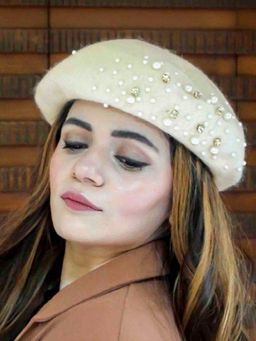 Hair Drama Co. - Women Pearls & Crystals Beret - White