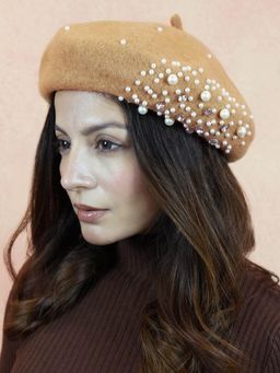 Hair Drama Co. - Women Pearls & Crystals Beret - Tan