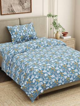 Haus & Kinder - 100% Cotton 186 TC Single Flat Bedsheet with Pillow Cover - Blue