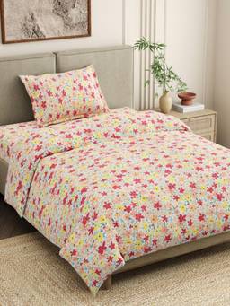 Haus & Kinder - 100% Cotton 186 TC Single Flat Bedsheet with Pillow Cover - Multi-Color