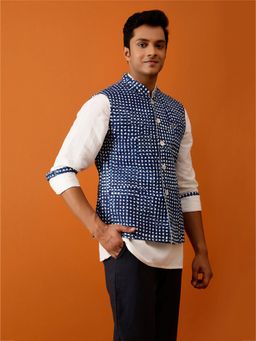 AAVYAM - Indigo Blue Dotted Reversible Nehru Jacket