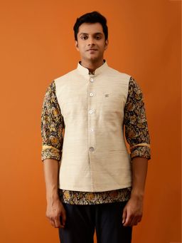 AAVYAM - Beige Textured Reversible Nehru Jacket