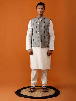 AAVYAM - Black Ikat-Inspired Print Reversible Nehru Jacket