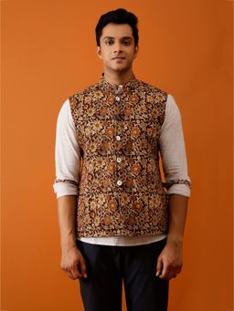AAVYAM - Maroon and Gold Floral Reversible Nehru Jacket