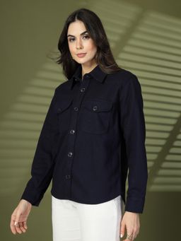 CHKOKKO - Women Navy Blue Solid Shacket