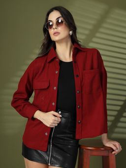 CHKOKKO - Women Maroon Solid Shacket