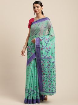 Vastranand - Turquoise Woven Design Jamdani Saree with Unstitched Blouse