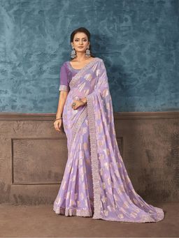 Odette - Purple Georgette Printed Saree with Unstitched Blouse