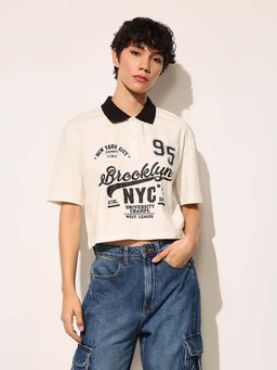 ONLY - Beige Printed Polo T-Shirt
