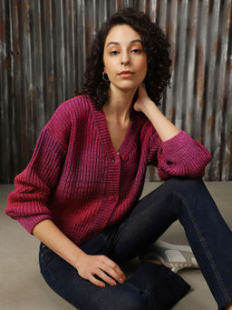 High Star - Women Acrylic Knitted Regular Fit V Neck Full Sleeves Cardigan