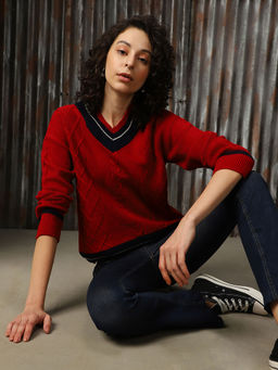High Star - Women Acrylic Knitted Regular Fit V Neck Full Sleeves Sweater