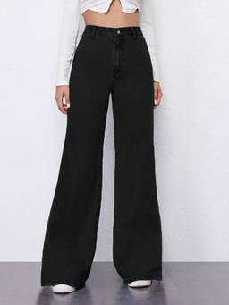 Off Duty India - Black Plazo Fall Wide Leg High Rise Jeans