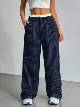 Off Duty India - Striped Boxer Wide Leg Trousers - Navy