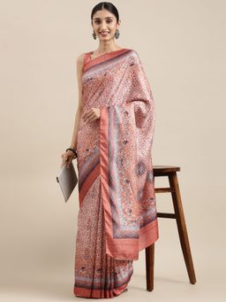 Akhilam - Womens Pashmina Silk Beige Printed Celebrity Saree with Unstitched Blouse