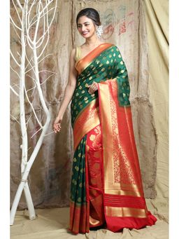 Arhi - Green & Red Half Blended Silk Handwoven Soft Saree With Copper Leaf Design with Unstitched