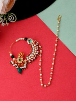 Silvermerc Designs - Gold Plated Green & White Pearls Chained Meenakari Nose Ring