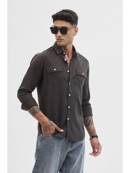 Snitch - Dark Brown Regular Fit Double Pocket Linen Blend Shirt